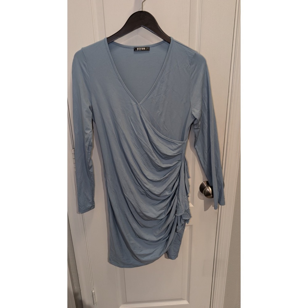 BTFBM Women's Fashion Wrap V Neck‎ Dresses Long Sleeve - Ice Blue Large